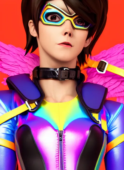 Image similar to portrait bust digital artwork of tracer overwatch, wearing iridescent rainbow latex and leather straps catsuit outfit, 4 k, expressive happy face, makeup, in style of mark arian, angel wings, wearing detailed leather collar, chains, black leather harness, detailed face and eyes,