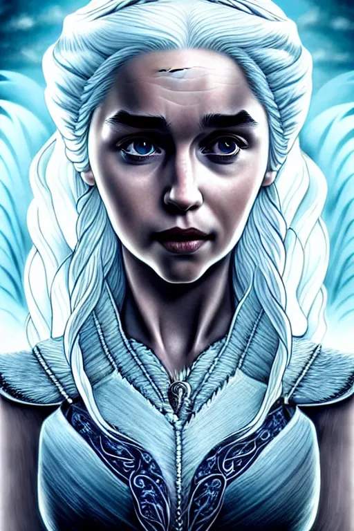 Image similar to beautiful daenerys targaryen ( khaleesi ) portrait, art deco, fantasy, intricate art deco dragon designs, elegant, highly detailed fractals, sharp focus, game of thrones art by artgerm and beeple and greg rutkowski and wlop