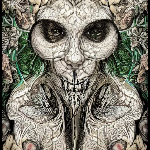 Image similar to a beautiful detailed photo of a centered full body rotten woman corpse morphing into fractal plants and fractal flowers and mushrooms, face muscles, veins, anatomical, intricate, ornate, volumetric light, beautiful lit, beetlejuice