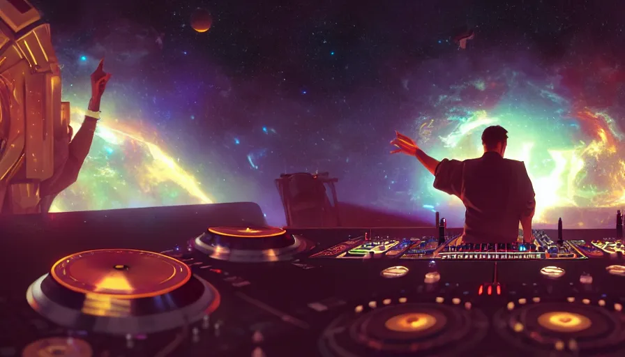 Image similar to Wide shot of a man djing under the galaxy, digital art, artstation, hyperrealistic, 4k, unreal engine, octane render, trending on artstation, art by Artgerm and Greg Rutkowski and Alphonse Mucha