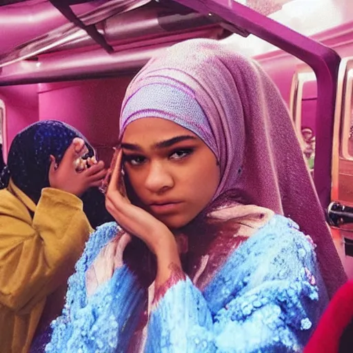 Prompt: “ rue bennett from euphoria wearing a hijab, hijab, islam, conversion, zendaya, euphoria, happy, healthy, radiant ”