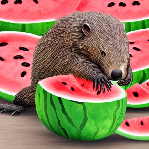 Prompt: a realistic photograph of a beaver spitting watermelon seeds into a bucket, detailed, glow, 8k, hyper-realsim