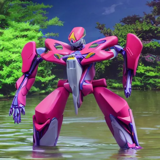 Image similar to evangelion combat mecha with a realistic nymphaea waterlily head stepping out of a pond holding sci - fi weapons. floral amphibious power armor with waterlily helmet and hard surface exoskeleton. bandai box art, 8 k hd resolution, r / mecha