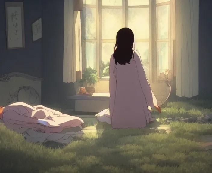 Image similar to A woman going to sleep, peaceful and serene, incredible perspective, soft lighting, anime scenery by Makoto Shinkai and studio ghibli, very detailed