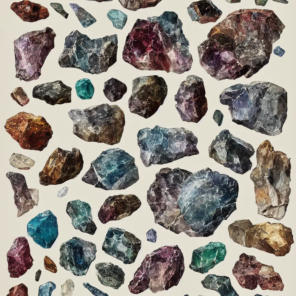 Image similar to full page antique lithograph of gemstones minerals, White background, art print, clean brush stroke, realistic highly detailed, 8k post-processing highly detailed, rendered by octane engine, esty