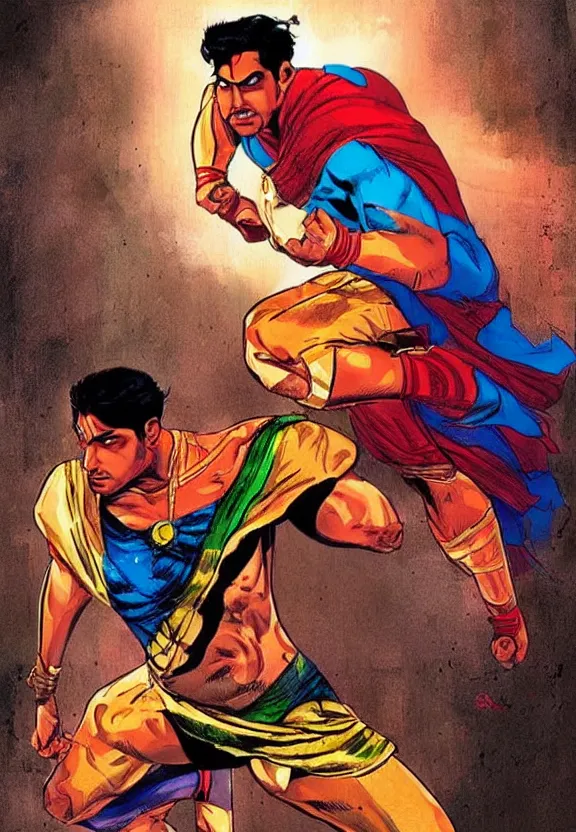 Image similar to indian superhero, artwork by salman toor, cinematic light, atmospheric effects