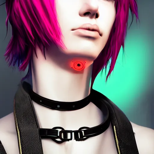 Image similar to detailed realistic cyberpunk female character cyberpunk wearing large steel collar around neck, realistic, art, beautiful, 4K, collar, choker, collar around neck, punk, artstation, detailed, female, woman, choker, cyberpunk, neon, punk, collar, choker, collar around neck, thick collar, choker around neck, wearing choker, wearing collar, bright neon punk hair, collar, choker,