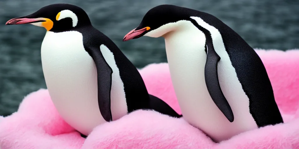 Image similar to realistic penguin sitting in an pink fluffy bed waving