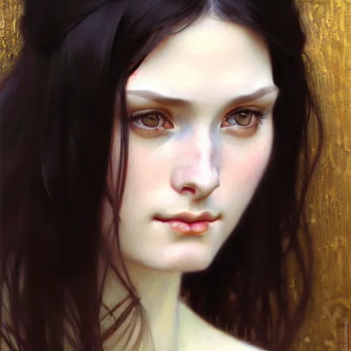 Image similar to Portrait of a beautiful, pale skin, female with long black hair, dark brown eyes, gentle smiling expression, elegant clothing, photorealistic, highly detailed, artstation, smooth, sharp focus, art by Klimt, artgerm, Greg Rutkowski and Alphonse Mucha