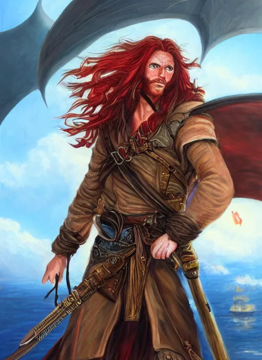 Prompt: epic fantasy portrait painting of a long haired, red headed male sky - pirate in front of an airship in the style of the king killer chronicles