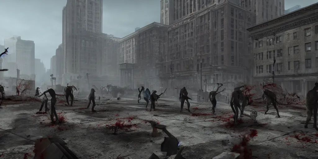 Image similar to zombie apocalypse, Chicago in ruins, sharpen, UHD, RTX, Ray tracing