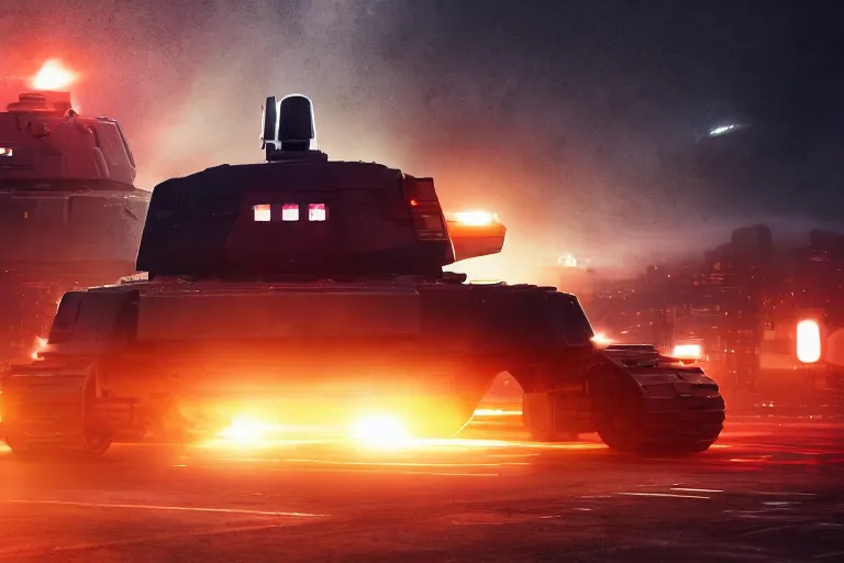 Image similar to large futuristic tank with 3 turrets taking over a futuristic city on fire, night, fog, thunder, rain, cinematic, volumetric lighting, f 8 aperture, cinematic eastman 5 3 8 4 film, photorealistic