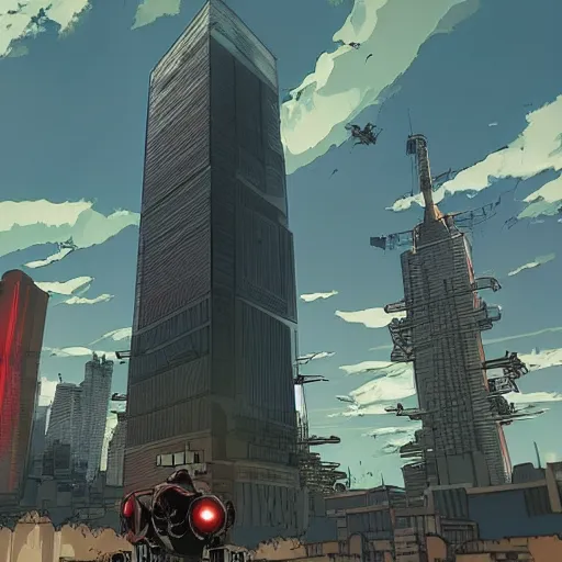 Image similar to “arasaka tower grounds being patrolled by mechs. Dystopian Anime background art in the style of Akira. HD hyperrealistic 8K photomode.”