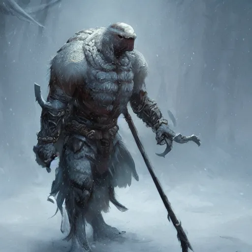 Image similar to anthropomorphic turtle barbarian humanoid, carapace, greg rutkowski, blizzard, winter, night, furs, fantasy