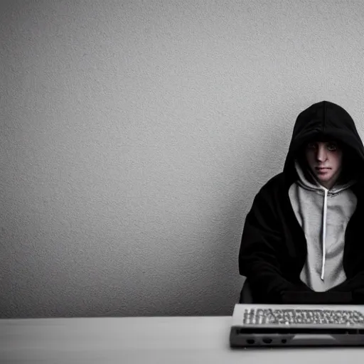 Image similar to a thief in a hoodie sits in front of a computer, dslr 5 0 mm, photography