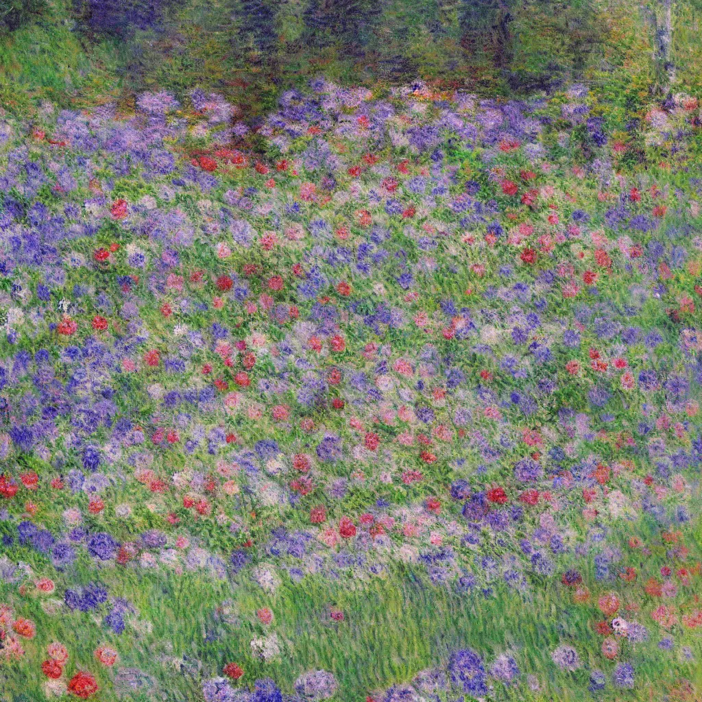 Image similar to a gorgeous garden on the edge of a cliff filled with beautiful flowers of blue and violet and pink from all around the world, monet