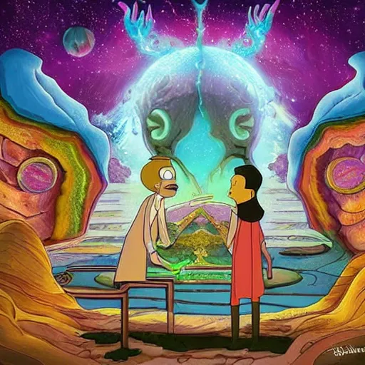 Image similar to The Sapiential sage dreaming with magical reflections of knowledge lost in time ultra high quality surrealism style of rick and Morty