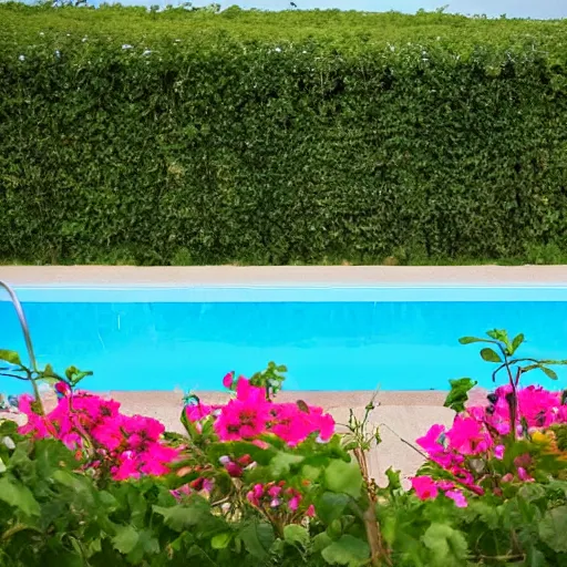 Prompt: flowers and vines creep in a field with a majestic swimming pool