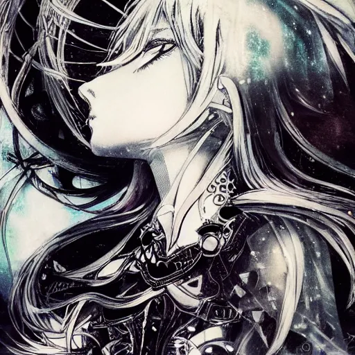 Image similar to yoshitaka amano blurred and dreamy illustration of an anime girl with black eyes, wavy white hair fluttering in the wind wearing elden ring armor and crown with engraving, abstract black and white patterns on the background, noisy film grain effect, highly detailed, art by shigenori soejima, renaissance oil painting, weird portrait angle, blurred lost edges, three quarter view