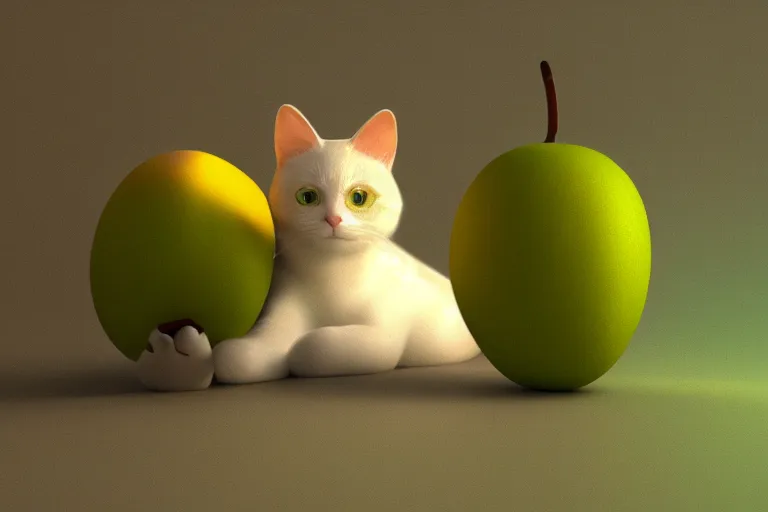 Prompt: a cute cat as mango fruit, misty, glows, blender render, hazy, foggy, green lighting,