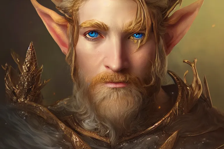 Image similar to A bright, happy painting of an Elven King, hyperrealistic, high-quality, professional, dramatic lighting, extremely high detail, trending on artstation