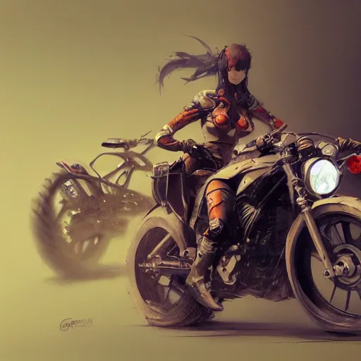 Image similar to concept art of motorcycle, highly detailed painting by dustin nguyen, akihiko yoshida, greg tocchini, greg rutkowski, cliff chiang, 4 k resolution, trending on artstation, 8 k