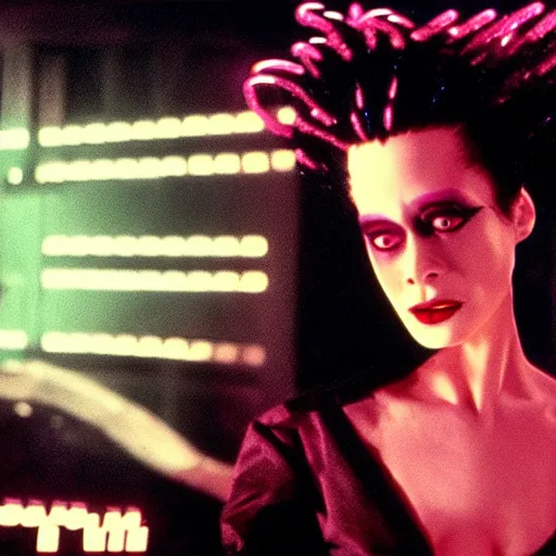 Image similar to cinematic portrait of bride of frankenstein as a replicant in a nightclub, confused and angry, still from the movie bladerunner, fashion photography, a neon sign is in the background