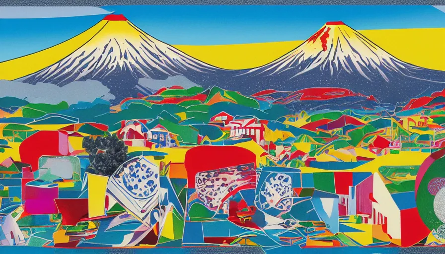 Image similar to award winning graphic design poster, cutouts constructing an contemporary art depicting a lone mount fuji in the distance behind a mountain range isolated on white, a ramen bowl full of rural splendor, bountiful crafts, local foods, edgy and eccentric abstract cubist realism, composition confined and isolated on white, mixed media painting by Leslie David and Lisa Frank for juxtapose magazine