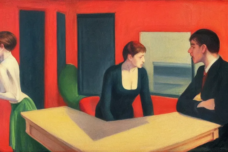 Prompt: 2 people arguing , in the style of Edward Hopper