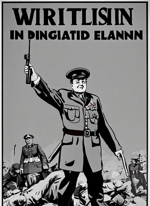 Prompt: winston churchill captain england standing on a pile of defeated, beaten and broken german soldiers. captain england wins wwii. brittish wwii propaganda poster by james gurney and pixar. overwatch.