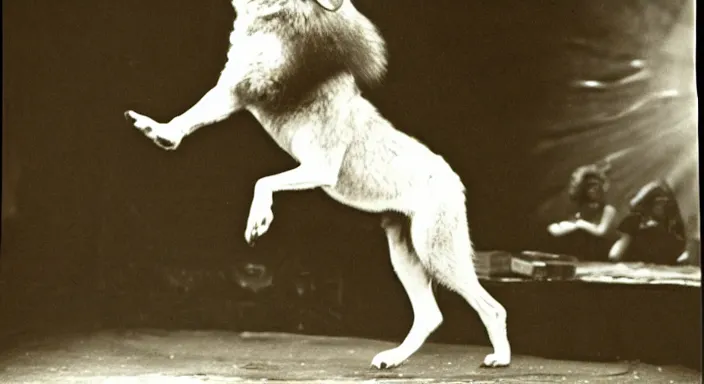 Prompt: wolf performing in the circus, colour photo