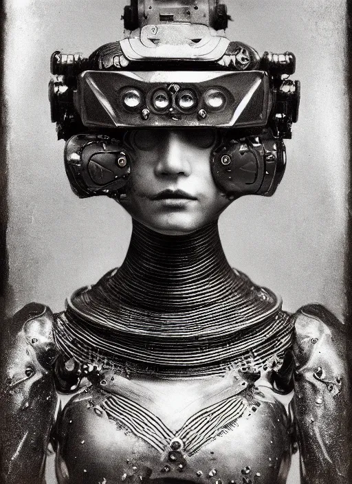 Image similar to old wetplate daguerreotype frame portrait of a futuristic silver armored geisha district 9 cyborg, parallax, fractal, intricate, elegant, highly detailed, subsurface scattering, by jheronimus bosch and greg rutkowski and louis jacques mande daguerre