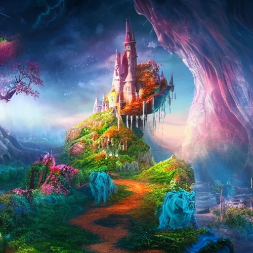 Image similar to fantasy land, land of dreams, daniel conway, david noren, 4 k, cinematic