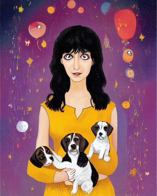 Image similar to happy birthday postcard in a style of Neil Gaiman book , black haired girl holding a beagle puppy, trending on artstation, 8k, highly detailed