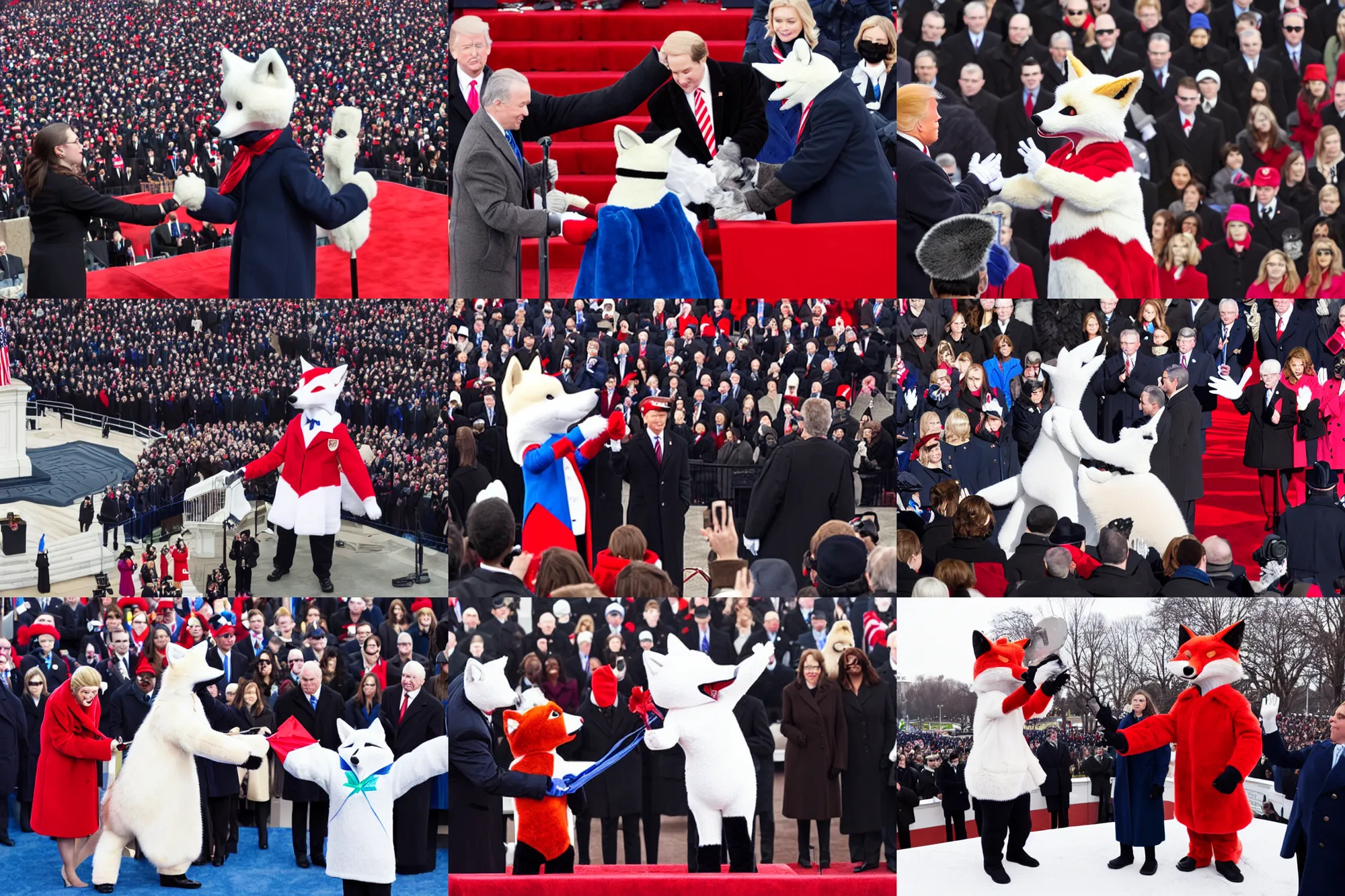 Prompt: photo of the usa presidential inauguration, a fox fursuiter being inaugurated as president