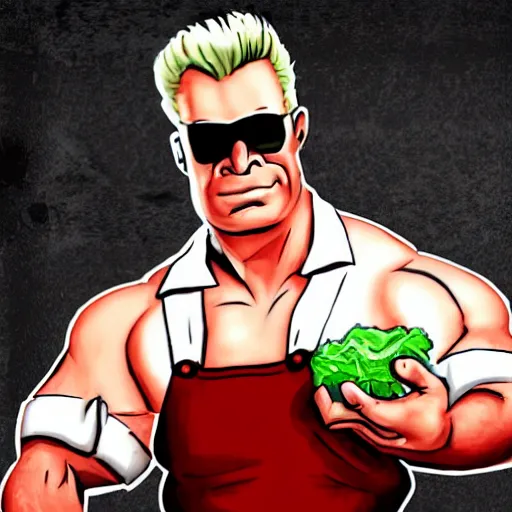 Prompt: Duke Nukem with a plate of mashed potatoes, red shirt, smug look, Duke Nukem art style