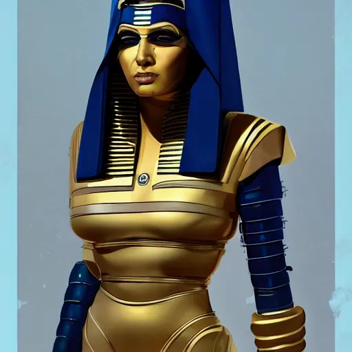 Image similar to full body portrait of the thicc Egyptian Android Pharaoh Queen, by DC comics and Sandra Chevrier and beeple, artstation, volumetric lighting, hyperrealism, hyper detailed futuristic royalty, strong and muscular, award winning costume design, cybernetic bionic ancient cyborg, fashion show runway, futuristic fine textures, woven with electricity, high fashion superpowers, dust particles, mystic haze, greg rutkowski, Tooth Wu, 4k UHD, 35mm