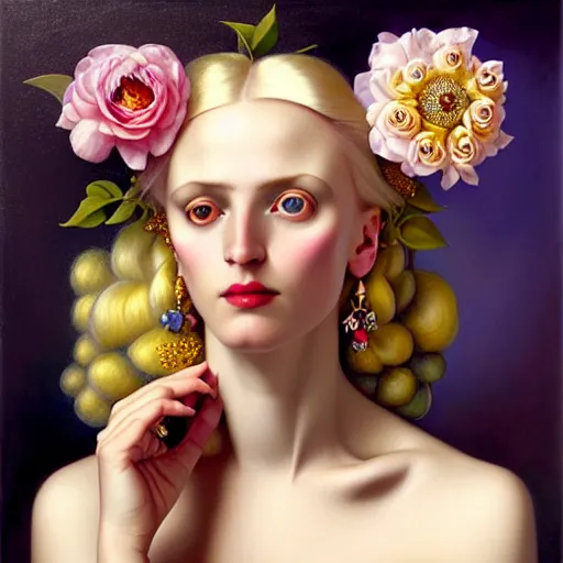 Image similar to centered portrait composition, woman with blonde hair full of spring flowers wearing ornate earrings, ornate gilded details, pastel colors, a surrealist painting by tom bagshaw and jacek yerga and tamara de lempicka and jesse king, wiccan, pre - raphaelite, featured on cgsociety, pop surrealism, surrealist, dramatic lighting