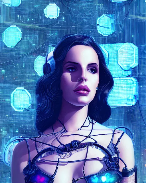 Image similar to portrait of lana del rey as a cyberpunk cyborg. roses, sci - fi, intricate abstract, upper body, intricate artwork, by tooth wu, wlop, beeple, dan mumford. concept art, 8 k octane render, deviantart, greg rutkowski, cinematic, key art, hyperrealism, iridescent accents