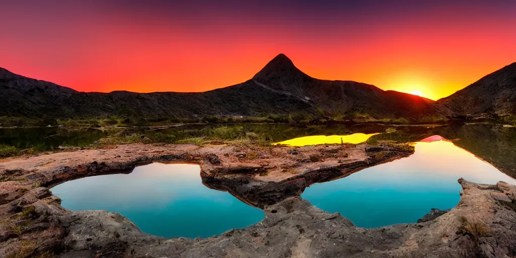 Prompt: A big and beautiful neon mountain with a clear pond in front of it and an orange sun behind the mountain, professional photography, vivid