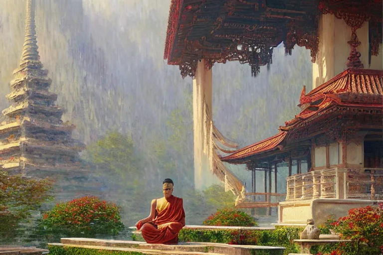 Image similar to temple. buddhism, impressionnisme, painting by greg rutkowski, artgerm, claude monet