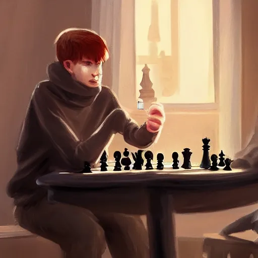 Prompt: death in a black hoodie plays chess with a ginger cat at a table on a sunny veranda, artstation