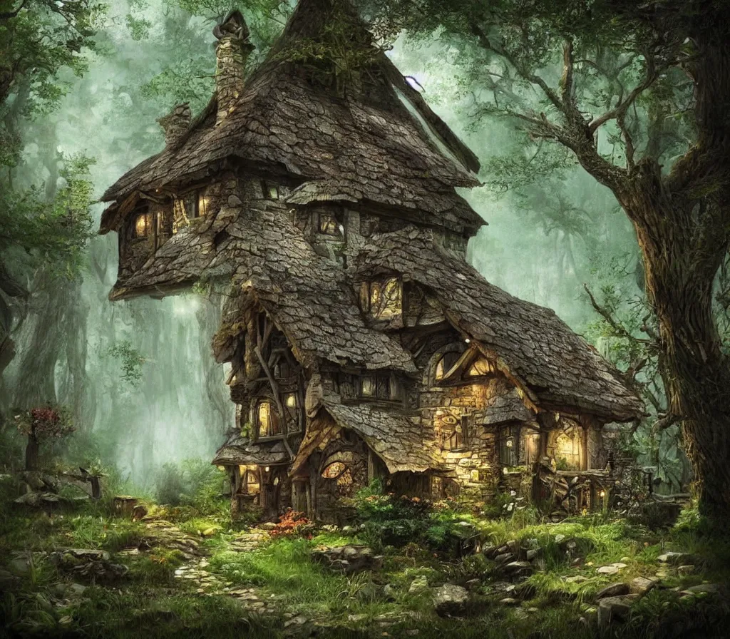 Image similar to a cottage in the woods, fantasy art, detailed, hyper realistic, cinematic