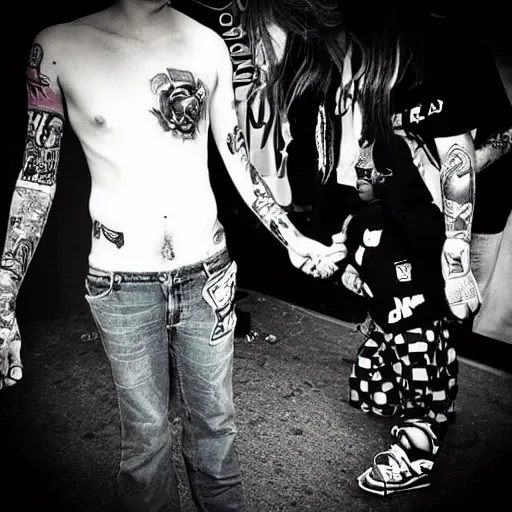 Image similar to “a baby with a full sleeve tattoo on both arms. A neck tattoo and a chest tattoo smoking a cigarette outside a punk rock show.”