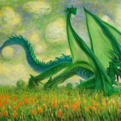 Image similar to A large green dragon sitting in a flowery meadow by Claude Monet, deviantart, furaffinity