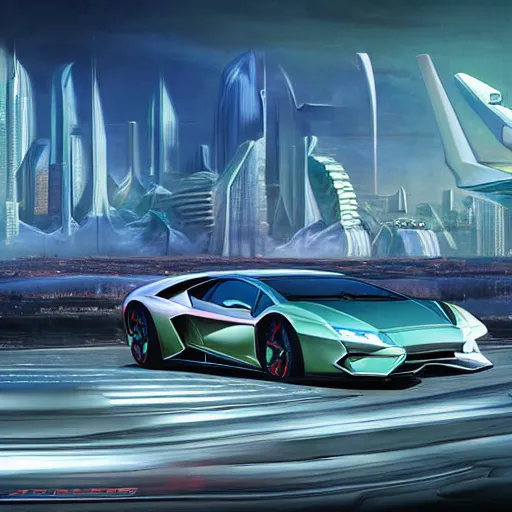 Prompt: a futurisitic well designed car by lamborghini and boeing military and honda, in a city, skyline in the distance, day, summer, painting by best science fiction artists and asher brown durand and boris vallejo, ultra mega detailed, beautiful realistic photo, professional photography, uhd upscale, 8 k, perfect