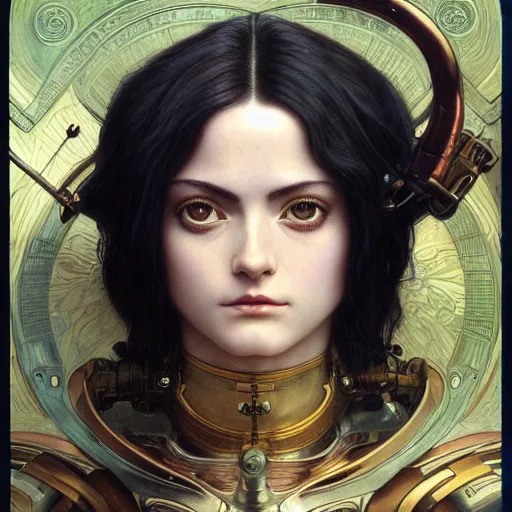 Image similar to Masterpiece portrait of battle angel Alita drawn by Donato Giancola and Tom Bagshaw, face by Artgerm and Edmund Leighton, Alphonse Mucha, background by James Jean and Gustav Klimt, 4k, robotic body, porcelain skin, komorebi, french nouveau, trending on pixiv, octane render, hyperrealistic