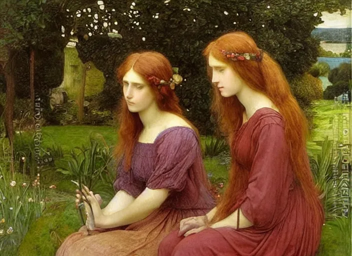 Prompt: a very very very beautiful Pre-Raphaelite painting of two women in a lush garden brushing their hair, by Waterhouse