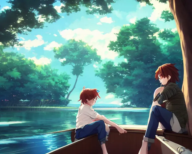 Image similar to a boy and a girl with long flowing auburn hair, boy has short black hair, sitting next to each other in one single boat. Atmospheric lighting, long shot, romantic, boy and girl are the focus, trees, blue water. Anime. By Makoto Shinkai, Stanley Artgerm Lau, WLOP, Rossdraws, James Jean, Andrei Riabovitchev, Marc Simonetti, krenz cushart, Sakimichan, D&D trending on ArtStation, digital art.