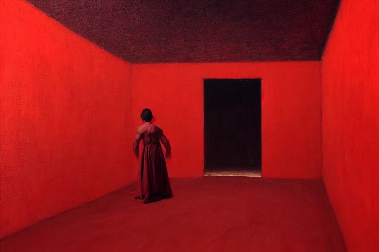 Prompt: only with red, crowd screaming, an exposed painting in a roman theater, in the style of beksinski, parts by edward hopper, parts by rodcenko, parts by yue minjun, intricate and epic composition, red by caravaggio, insanely quality, highly detailed, masterpiece, red light, artstation, 4 k